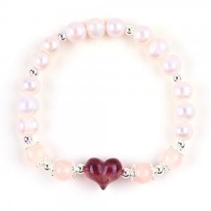 Best 8MM Pink Freshwater Pearl Stretch Bracelet Heart Crystal Carving wholesale