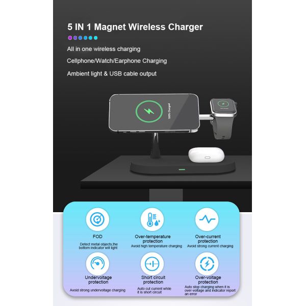 Magnetic 5 In 1 15W Qi Wireless Charging Stand