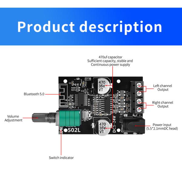 ZK-502L Mini for Bluetooth 5.0 DC 5-24V 50Wx2 Stereo Power Amplifier Wireless Audio Digital Board for Bluetooth Amplificador Spe