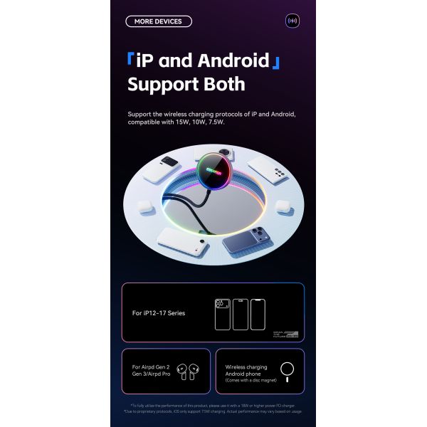 ESSAGER ES-WC17 15W Magnetic Wireless Charger Rgb Light For Phone Earphone