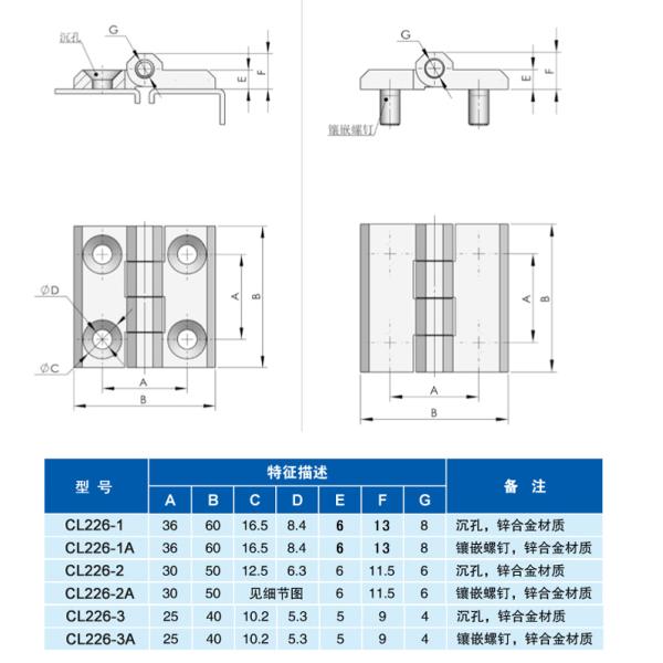 surface mount hinges CL226-2B Coutnersunk hinge CL226 screw-on hinge
