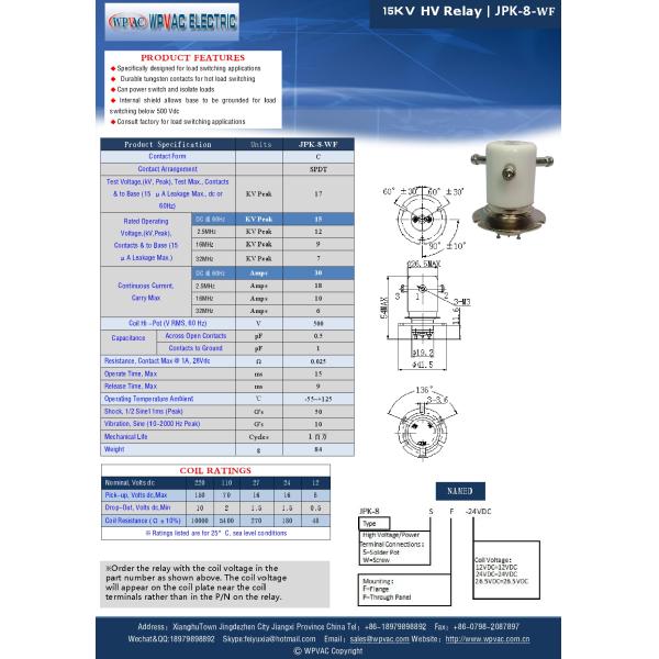 JPK8WF High Voltage Vacuum Relay with 15KV DC and 30A Current for RF Applications and Make & Break Load Switching