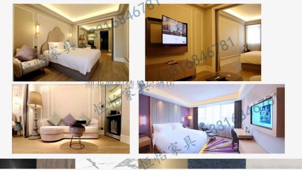 Modern hotel rooms furniture of Apartment style Upholstery headboard bed with Laminate wardrobe and long desk