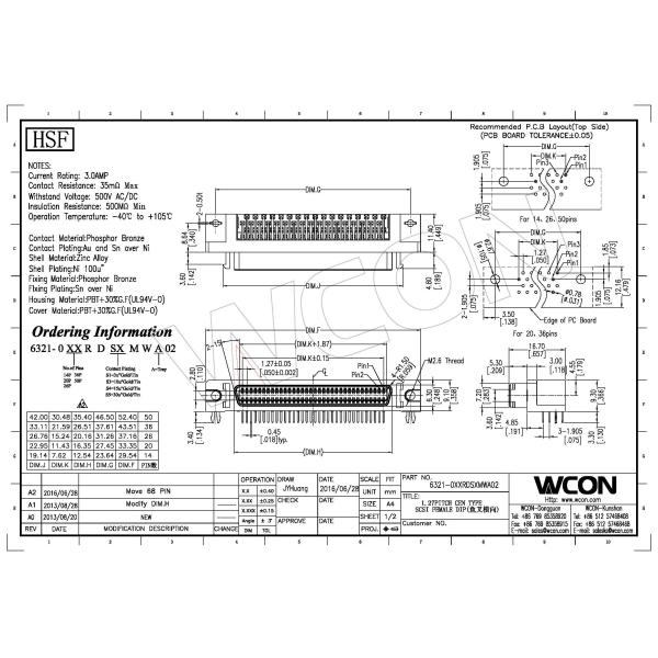 1.27mm SCSI Cen-Type female connector 50 pin scsi connector mating with 6320M