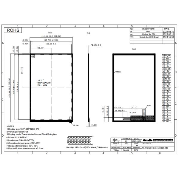 550nits Brightness 10.1 Inch IPS Display LCD TFT Module 800*1280 Resolution
