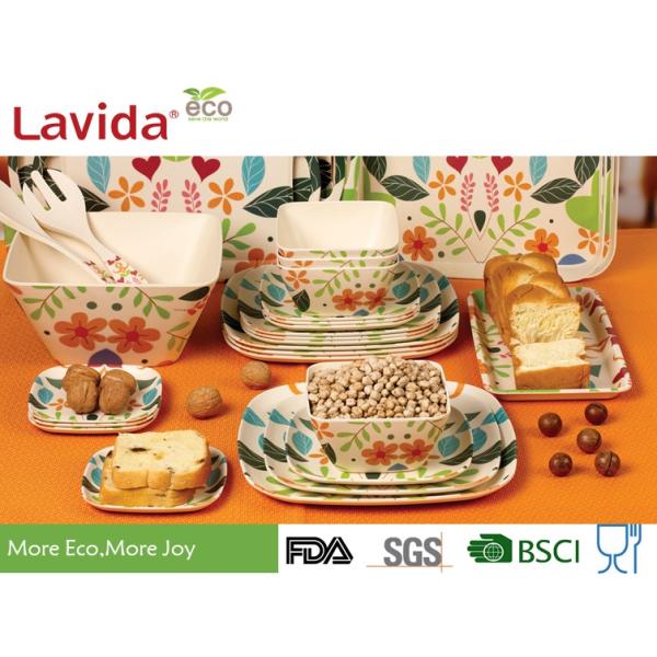 Colorful garden flower and leaf style Disposable Environmentally friendly Bamboo Fibre Square Dinning dish 10 inch 24cm