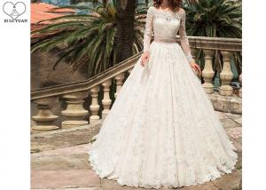 Best White Lace Elegant Long Sleeve Wedding Dresses Beaded Belt Floor Length wholesale