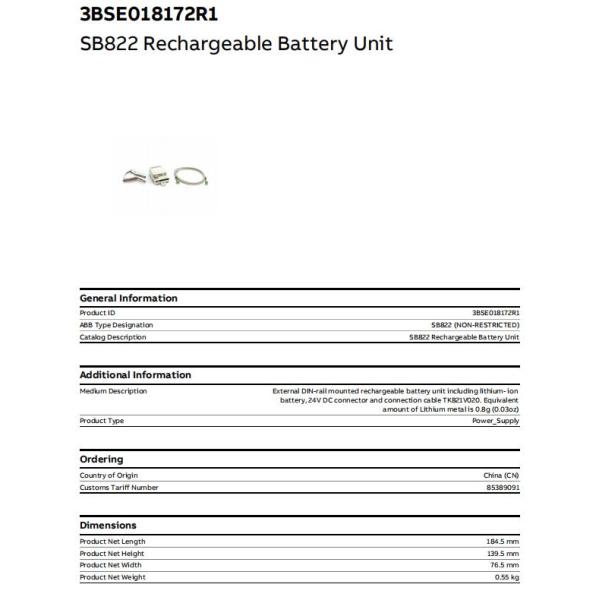SB822 3BSE018172R1 ABB Rechargeable Battery Unit