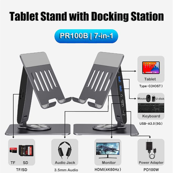 Originneo 360° Rotatable 7-in-1 Tablet Stand with USB C Hub Docking Station PR100B