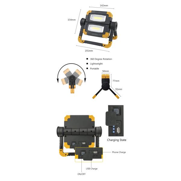 USB Portable LED Work Light Stand 700lm 20W Rechargeable Folding