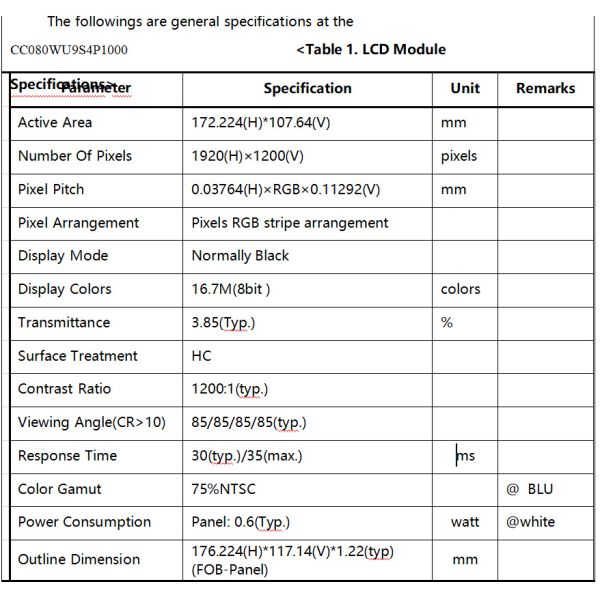 8 Inch High Resolution High Brightness Tft Display Module 1920x1200 DOTS LVDS Interface 1000 Nits