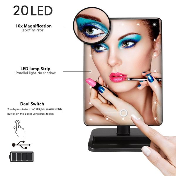 2X 3X Magnifying LED Strip Mirror Beauty Touch Dimmable Tri Fold Lighted Makeup Mirror
