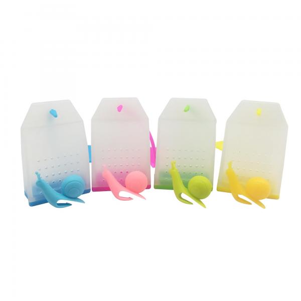 4pcs BPA- Free Custom Logo Printed Colorful Genuine Reusable Silicone Tea Bag Infuser Gift Set with Cute Snail Cup Charms