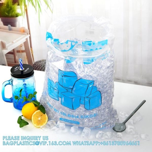 Reusable Ice Pattern Design Printing 2mil Thickness Heavy-Duty Plastic Ice Cube Storage Bags With Cotton Drawstring
