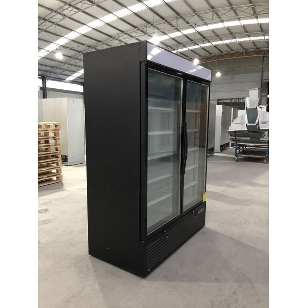 Commercial Two Glass Door Display Fridge With Canopy In RAL9011 Matt Black