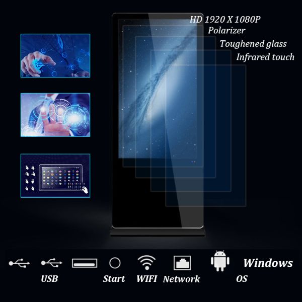 High Brightness Touch Screen Monitor Floor Stand , Digital Advertising Displays 43 - 65 Inch