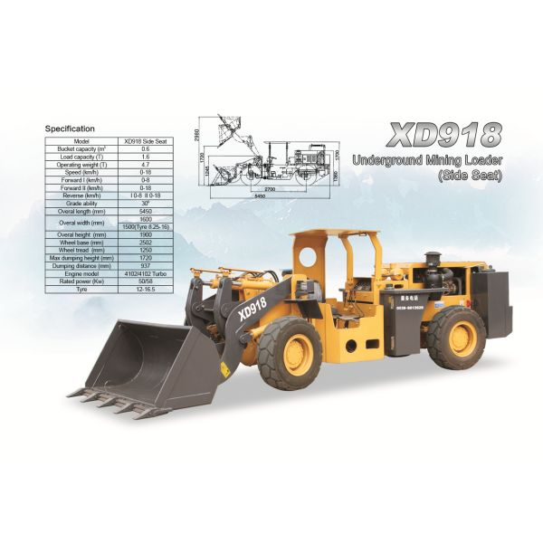 Underground wheel loader XD918 rated load 1.6ton with 0.6cbm bucket capacity