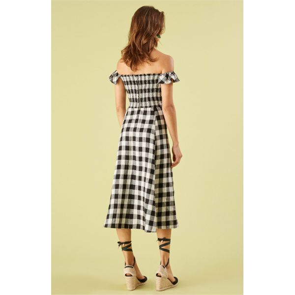 Black and white checked off shoulder dress
