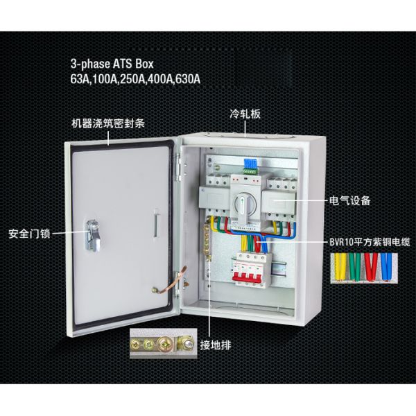 Compact Single Phase Automatic Transfer Switch ATS Box Waterproof Wall - Mount 2 Pole 63A 400V