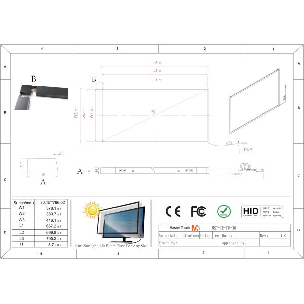 150000lux MST 30 Inch Metal Infrared Touch Panel For Boardroom