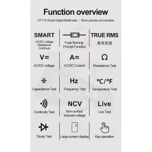 HT116 Digital Multimeter 9999 Counts Auto Range 1000V 10A Tester Meter Ohm Hz Capacitance True RMS Smart Multitester