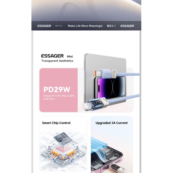 ESSAGER ES-X76 Usb C To Lightning Pd 29W Charging Data Cable 3Ft 6Ft Digital Display