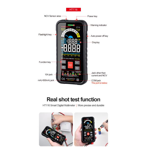 HT116 Digital Multimeter 9999 Counts Auto Range 1000V 10A Tester Meter Ohm Hz Capacitance True RMS Smart Multitester