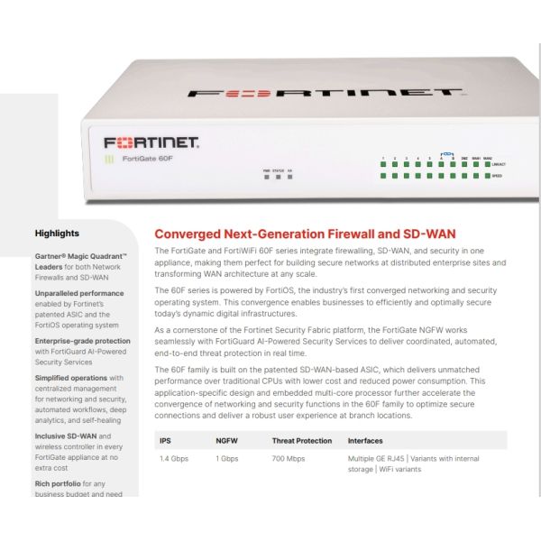60F Network Firewall FG 60F 10 X GE RJ45 Ports Fortigate