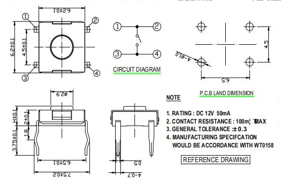 Through The Hole Stainless Steel 4 Pin DIP Tact Switch 6.2x6.2mm