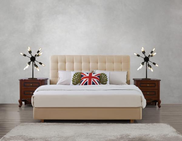 Leather / Fabric Upholstered Headboard Bed for Hotel Bedroom interior Furniture with Wooden nighstand in Cheap price