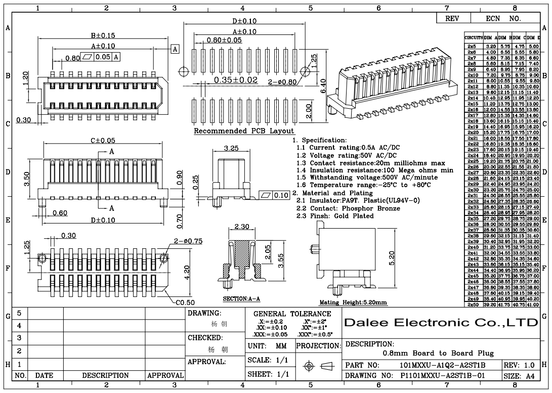 Side Contact Board To Board Connector Male Type PIN 10 - 100 Surface Mounting