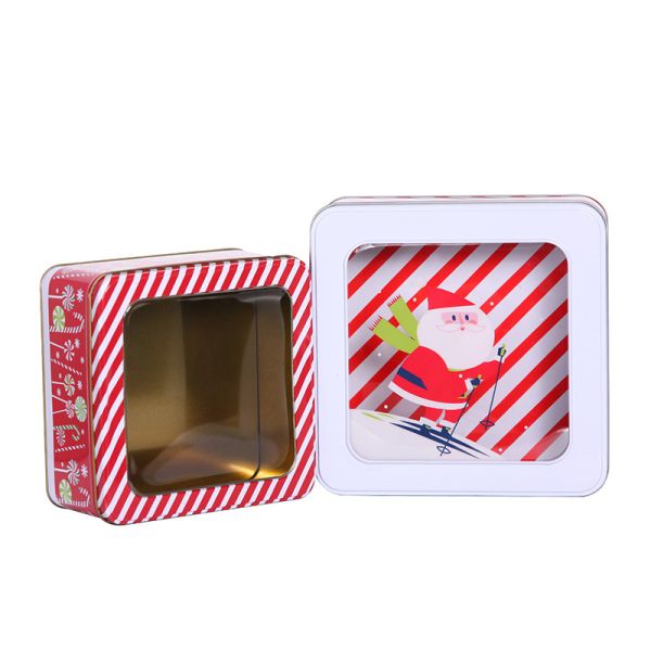 Custom Square Cookie Tins Holiday Metal Tin Container with PVC Clear Window Vintage Tin Boxes with Lids